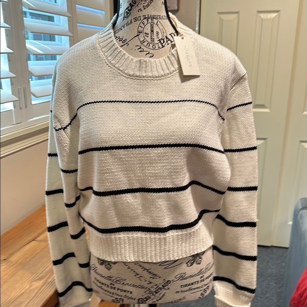 Z Supply White and Black Striped Crew Neck Sweater